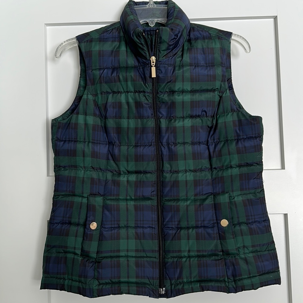 Black watch plaid puffer vest